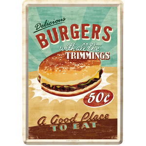 Blechpostkarte - Delicious Burgers, ca. 10 x 14,5 cm