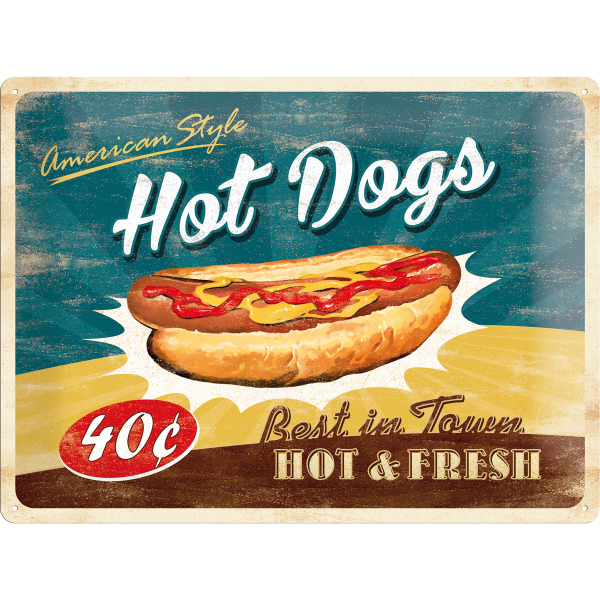 Blechschild XXL Küche gegrillte Hot Dogs Beilagen amerikanisch