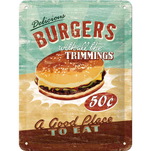 Blechschild - Delicious Burgers, ca. 15 x 20 cm