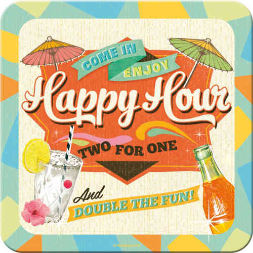 Metall-Untersetzer - Happy Hour - Two for One, 9 x 9 cm